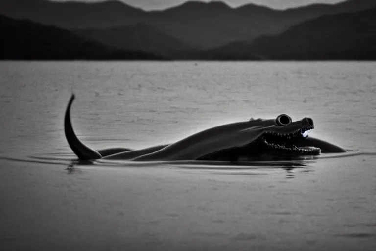 Image similar to a real life sea monster swimming in a lake, sight proof, black and white, blurry, old camera, grainy, motion blur, low focus, full body shot, wide angle