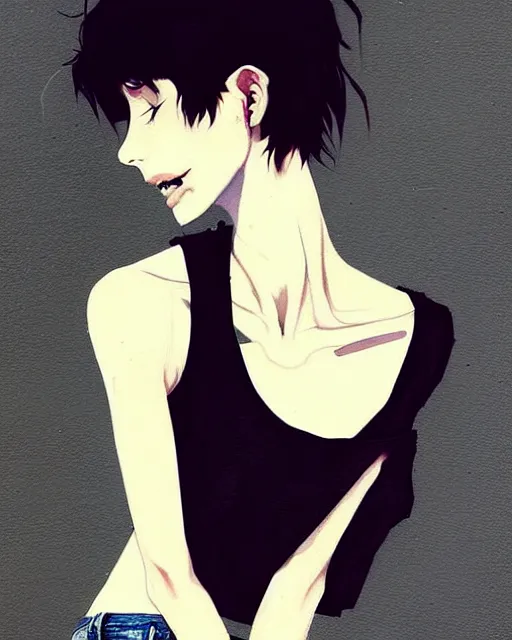 Image similar to a ultradetailed beautiful painting of a stylish woman with short hair, she is wearing a black tank top and jeans, by conrad roset, greg rutkowski and makoto shinkai trending on artstation