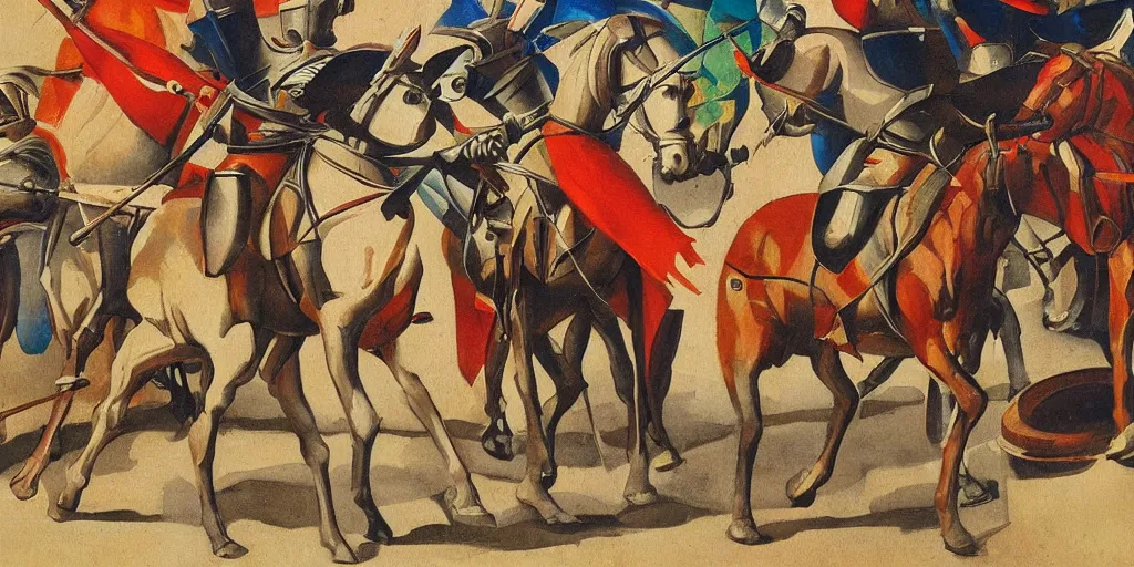 Image similar to italian futurism styled painting of a medieval knight cavalry charge