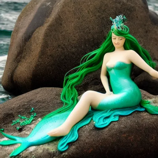 Prompt: elegant mermaid lady on a rock in the ocean, green and blue scales, red hair