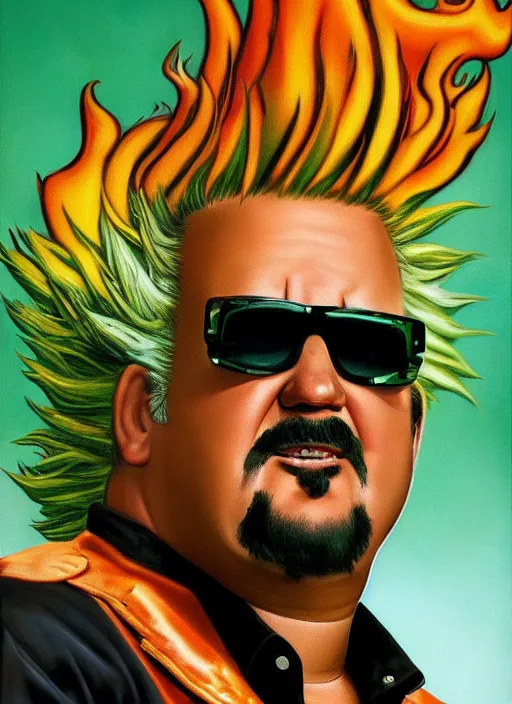 Prompt: guy fieri surrounded by green smoke, green clouds, sniffing, inhaling green smoke through nose, portrait by greg hildebrandt, studio lighting, by terry richardson, by frank frazetta, extreme detail, reflections, trending on artstation, 8 k
