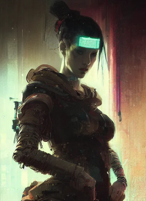 Image similar to cyberpunk geisha, rule of thirds, intricate outfit, spotlight, by greg rutkowski, by jeremy mann, digital painting