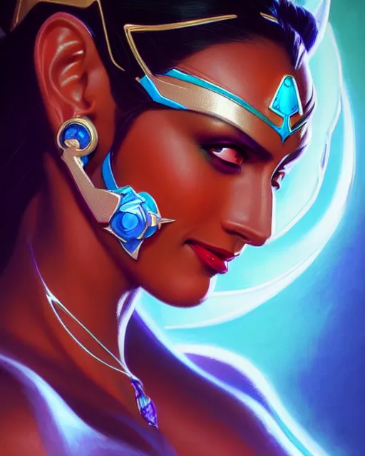 Image similar to symmetra from overwatch, fantasy, fantasy art, fantasy, colorful, elegant, character portrait, portrait, close up, highly detailed, intricate detail, amazing detail, sharp focus, vintage fantasy art, vintage sci - fi art, radiant light, caustics, by boris vallejo