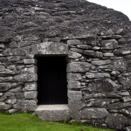 Prompt: ancient scottish dark stone blackhouse designed by le corbusier. dramatic lighting, sigma 2 4 mm, wide angle lens, ƒ / 8