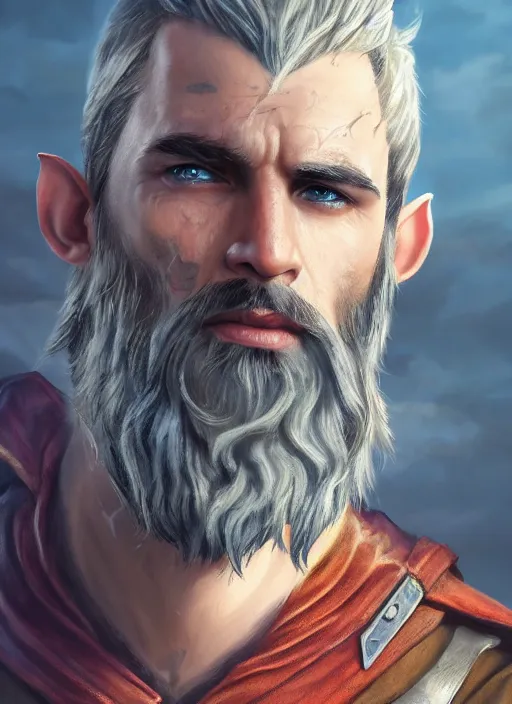 Image similar to An epic fantasy comic book style portrait painting of an arrogant half elf ranger with shaggy brown hair, scruffy beard, scar on face, blue tunic, unreal 5, DAZ, hyperrealistic, octane render, cosplay, RPG portrait, dynamic lighting