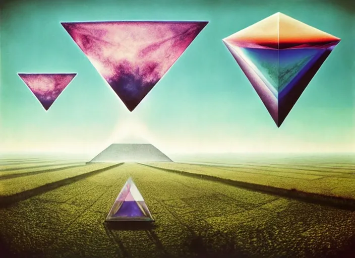 Prompt: A glass pyramid prism rendered in Unreal Engine, faded grey muted wash of distant pastel colors. An unraveling scroll of orchestral sheet music staff swirls through the sky. Enormous, inflatable flying pig in the style of Pink Floyd Animals LP cover. By Storm Thorgerson. Cryengine, Raytracing, Psychedelic.