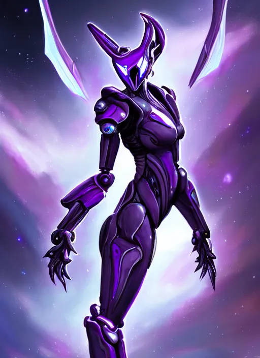 Image similar to cinematic maw shot, cosmic sized proportional stunning beautiful hot female warframe, detailed sleek robot mecha female dragon head, metal ears, purple visor eyes, sleek silver armor, floating in empty space, nebula sized, epic proportions, epic size, epic scale, furry art, dragon art, giantess art, warframe fanart, furaffinity, deviantart