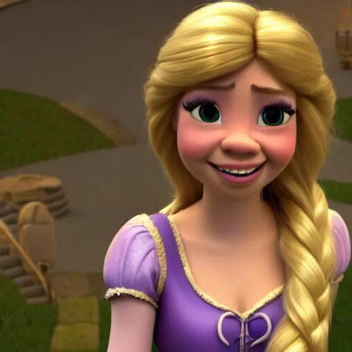 Image similar to Jennette McCurdy as Rapunzel in disney tangled live action, 8k full HD photo, cinematic lighting, anatomically correct, oscar award winning, action filled, correct eye placement,