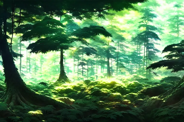 Image similar to painting of a forest by katsuhiro otomo, yoshitaka amano, nico tanigawa, artgerm, greg rutkowski makoto shinkai takashi takeuchi studio ghibli, akihiko yoshida rendered with intense 3 d effect