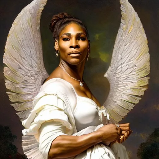 Prompt: Portrait of Serena Williams as Nike Goddess, large wings, luxuriant, dreamy, eternity, romantic, strong pose, highly detailed, in the style of Franz Xaver Winterhalter, highly detailed, in the style of Aetherpunk