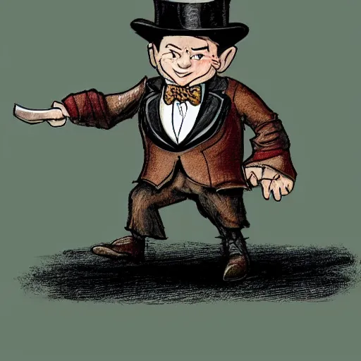 Prompt: an old halfling wearing a suit and top hat, character art, D&D