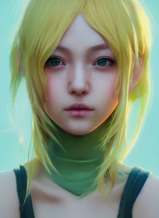 Image similar to the most beautiful cute anime girl portrait pastel yellow coloured hair, extremely detailed green eyes, professional 3 d visualisation in pastel colours, by wlop, intricate linework, trending on artstation, unreal engine 5 highly rendered