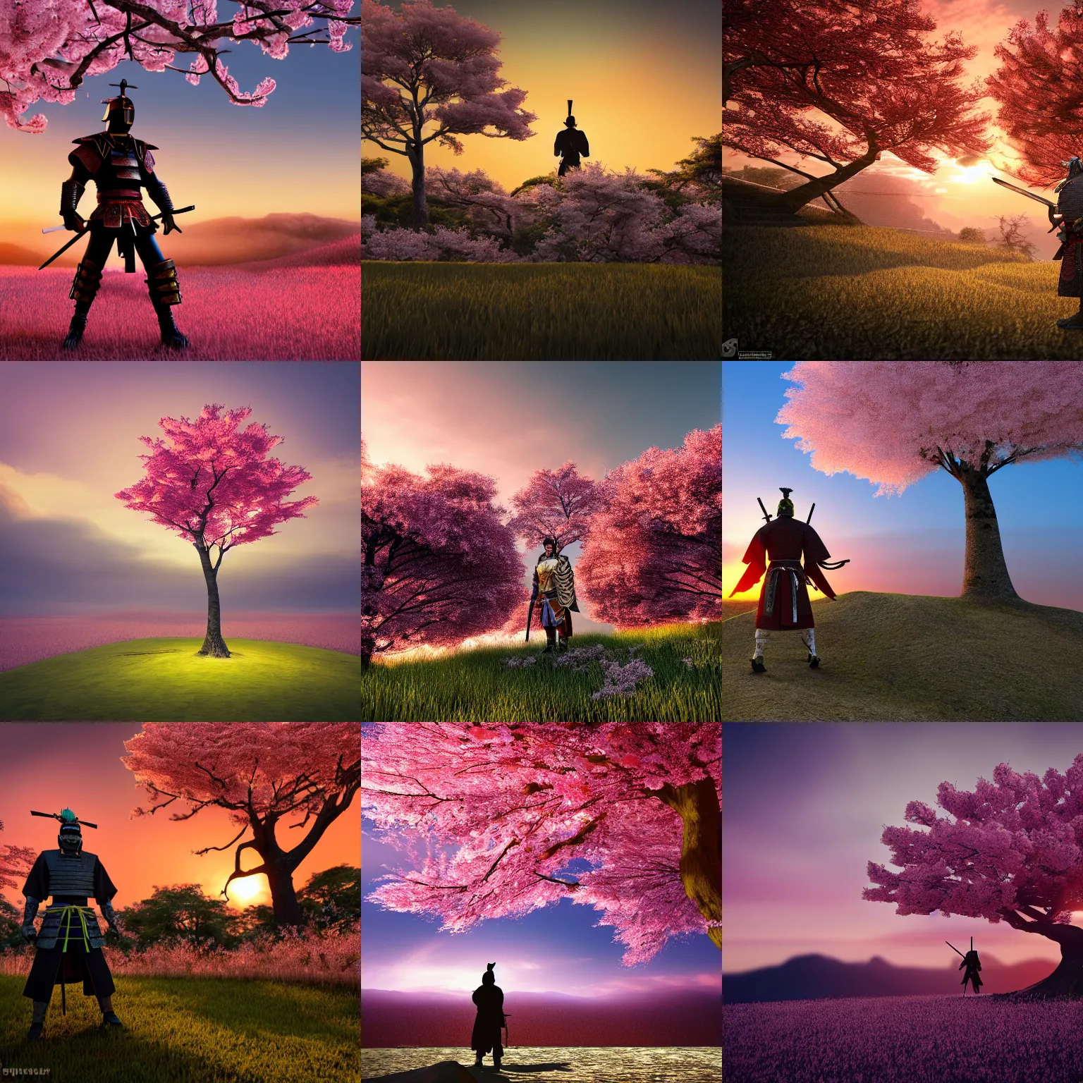 Prompt: octane render, samurai in armor standing on a hill at sunset, a cherry blossom tree is next to the samurai, 4 k