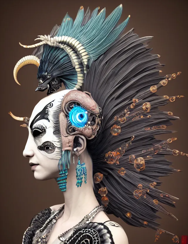 Image similar to 3 d goddess close - up profile portrait punk with mohawk in victorian style with ram skull. beautiful intricately detailed japanese crow kitsune mask and clasical japanese kimono. betta fish, jellyfish phoenix, bio luminescent, plasma, ice, water, wind, creature, artwork by tooth wu and wlop and beeple and greg rutkowski