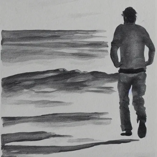 Image similar to ink and brush drawing of ben mendelsohn walking on the beach smoking, sunset