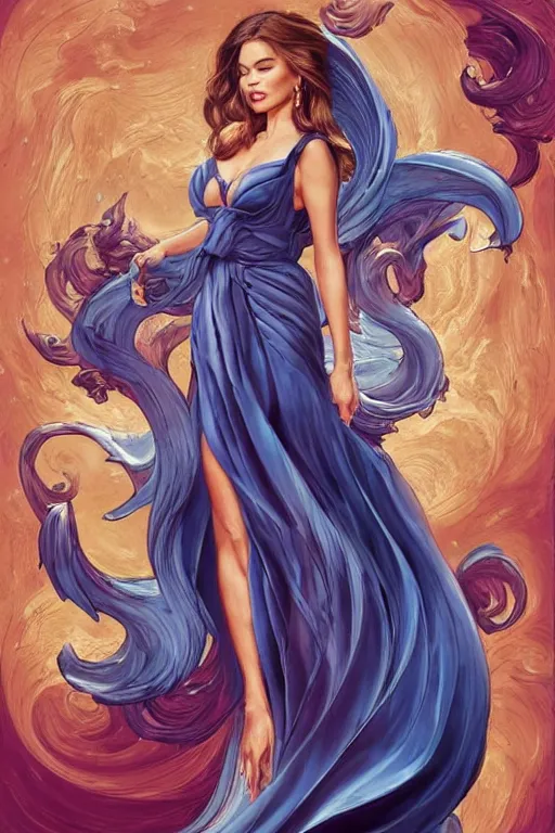 Image similar to Sofía Vergara as a heroine with a dress inspired by the great wave off kanagawa, digital painting, artstation, concept art, smooth, sharp focus, illustration, in-frame, centered, art by artgerm and donato giancola and Joseph Christian Leyendecker, Ross Tran, WLOP