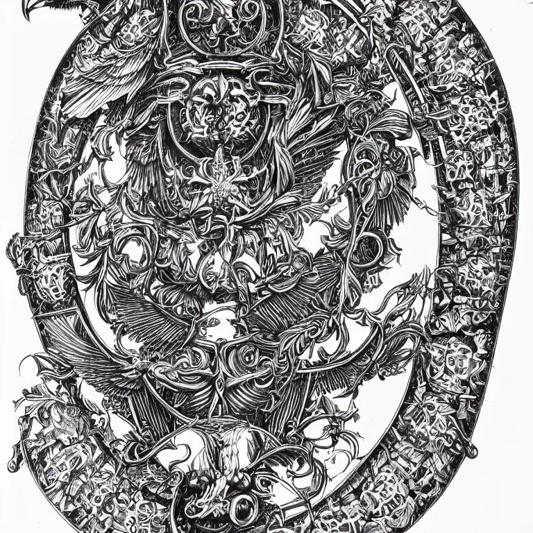 Prompt: beautiful symmetrical detailed engraving of a ceremonial hawk god, classical ornamental entail design, fibonacci flow, acroteria, encarpus, bead and reel, large medium and small elements, escutcheon emblem, by russ abbott, albrecht durer, artgerm, rutkowski, trending on artstation, 8 k
