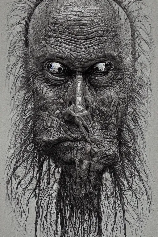 Image similar to ascii art, hyperrealism oil painting, close - up portrait of a scary old man with ten eyes and mandibles, in style of baroque zdzislaw beksinski