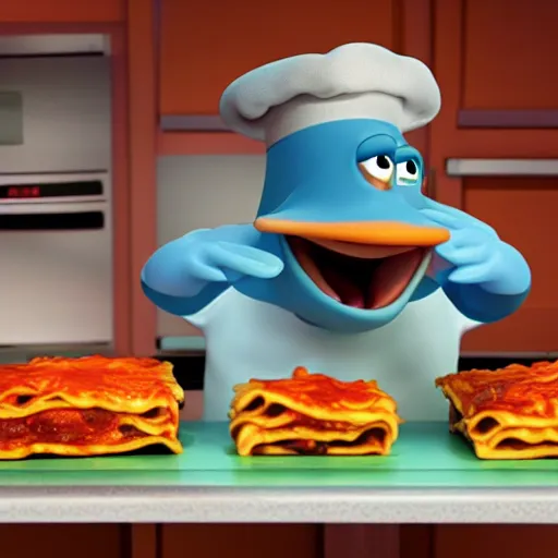 Image similar to pixar 3 d style cute platypus on a kitchen wearing a chef hat and holding a lasagna into an oven, pixar style, 3 d, ratatouille style