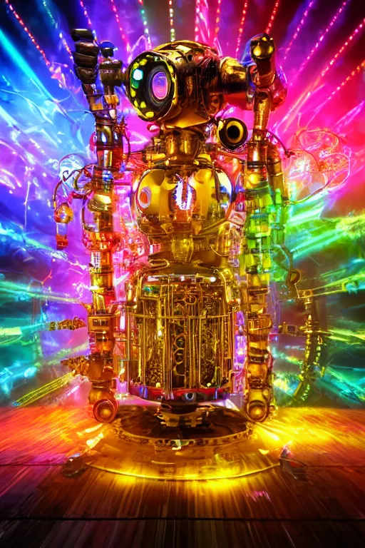 Image similar to portrait photo of a giant huge golden and blue metal futuristic steampunk robot covered with multicolored big gears and tubes, a huge steampunk drumset, eyes are glowing red lightbulbs, shiny crisp finish, 3 d render, animusic, 8 k, insaneley detailed, fluorescent colors, background is multicolored lasershow