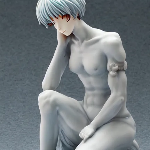 Image similar to intricate marble statue of rei ayanami kneeling relaxed, highly detailed