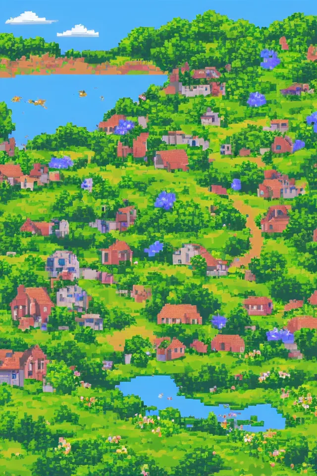 Prompt: a countryside, green hills and blue sky with patches of clouds, nature in all its beauty, some houses in the background, star - shaped flowers in the foreground, we can see the sea, pixel art, 3 2 bits, sprite, detailed,