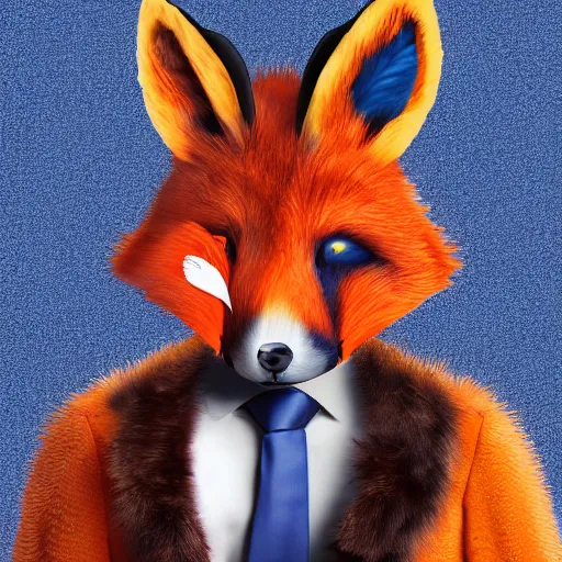 Prompt: Young man wearing an orange-gala-fox-mask, darkblue suit and had a fluffy foxtail, digital art, detailed