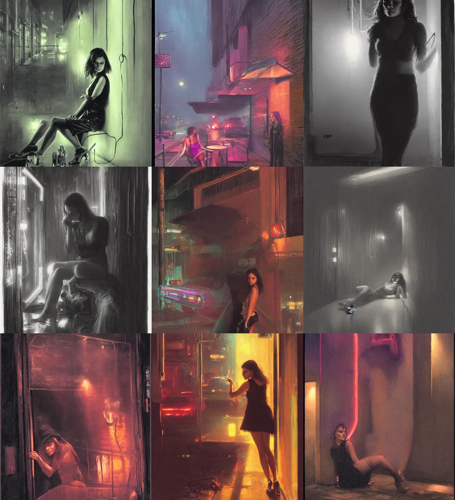 Image similar to foggy neon night, mila kunis leaning back against a wall smoking a cigarette outside a neon lit entrance, 1 9 7 0 s, intricate, moody, tasteful, intimate, highly detailed, short focus depth, artgerm, donato giancola, joseph christian leyendecker