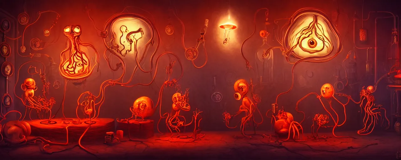 Image similar to whimsical weird chthonic alchemist creatures inside a visceral arterial alchemical lab within the left ventricle of a human heart, dramatic lighting fiery red lighting, surreal fleischer cartoon characters, surreal painting by ronny khalil