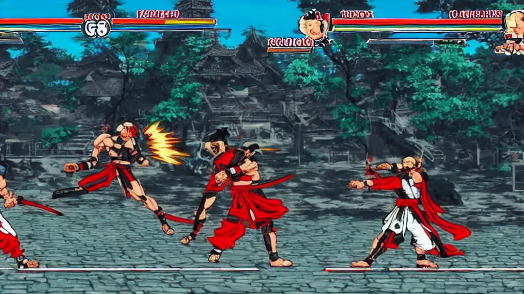 Prompt: a screenshot from arcade street fighter game, samurai in black vs samurai in red, health bar at the top