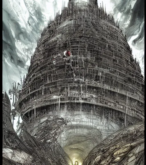 Image similar to tarkovsky, majestic ancient tower of babylon of terror, a woman in cyber clothing, hyperrealistic, blame manga, full color, manga style, by tsutomu nihei, cyber architecture, intricate, illustration, concept art, hyper - detailed, smooth, masterpiece, epic, cinematic, high quality