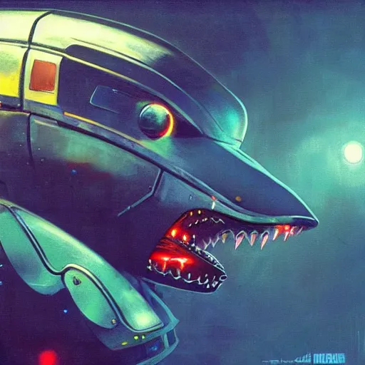 Image similar to a dark and colorful close - up of a sci - fi mecha shark robot with led lights glowing fog in the background. highly detailed science fiction painting by norman rockwell, frank frazetta, and syd mead. rich colors, high contrast, gloomy atmosphere, dark background. trending on artstation