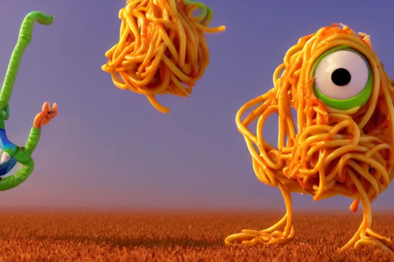 Image similar to still from a Pixar movie of The Spaghetti Monster, high quality 3d render, movie, Pixar, Renderman, 4k, artstation