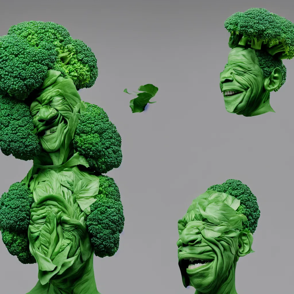 Prompt: ( barack obama plays a head of broccoli with green skin ) hyperrealistic medium shot studio portrait of barack obama smiling and looking like broccoli with green skin, hyperrealistic sculpture by ron mueck, photographed by annie liebovitz trending on artstation 8 k shocking detail hard shadows