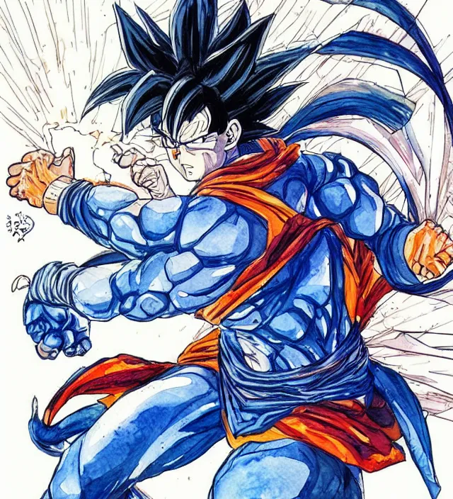 Image similar to a 3 / 4 view watercolor ink painting of goku as a superhero in the style of jean giraud in the style of moebius trending on artstation deviantart pinterest detailed realistic hd 8 k high resolution