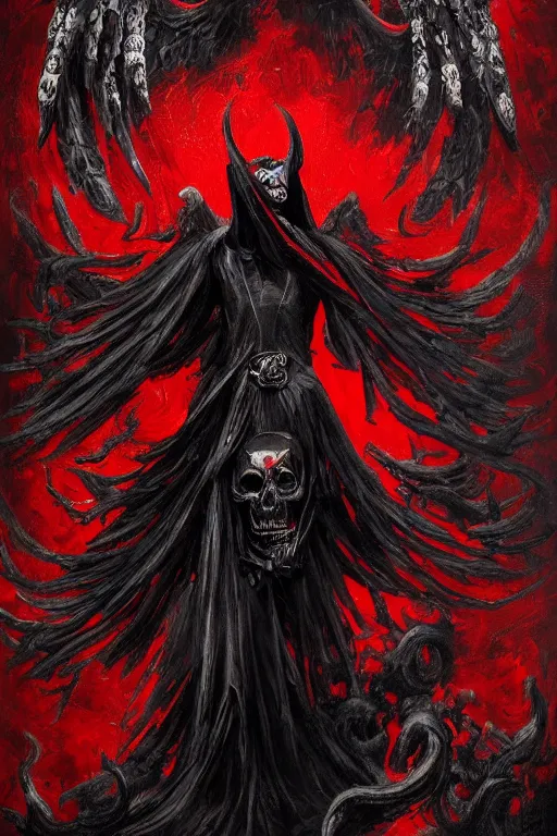 Prompt: painting of an ominous bright black and red angel of death with many skulls in dark clouds, full-body portrait, highly detailed, ornate and elegant, fantasy, traditional art, gothic, abstract art, surrealism, concept art, on artstation