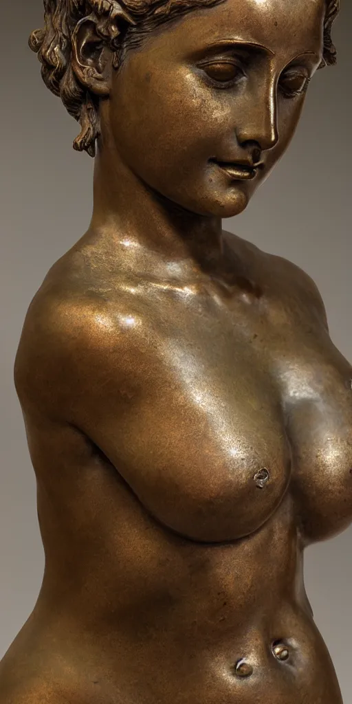 Prompt: detailed photo of an old bronze patina statue of a cute woman, various seducing pose, aphrodite, photorealism, intricate detail, some light reflexions, museum diffuse lighting