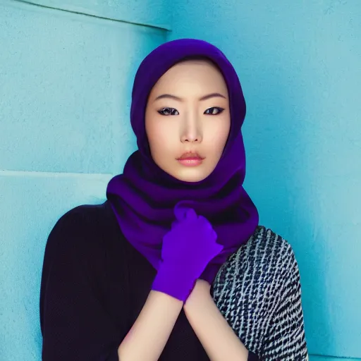 Prompt: close up portrait photography of beautiful asian female model wearing balaclava and golden neckkace, purple and blue futuristic light