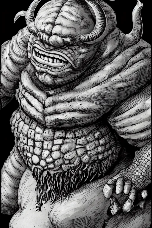 Image similar to hunched ogre with a horn on his head, highly detailed, digital art, sharp focus, trending on art station, kentaro miura manga art style