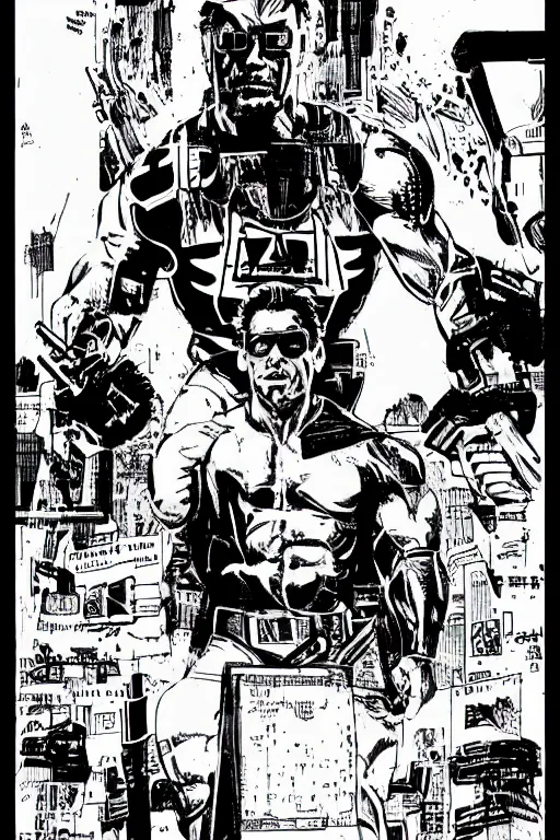 Image similar to arnold schwarzenegger, a page from cyberpunk 2 0 2 0, style of paolo parente, style of mike jackson, adam smasher, johnny silverhand, 1 9 9 0 s comic book style, ink drawing, black and white