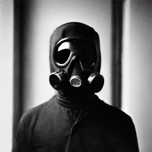 Image similar to portrait of a man with gasmask in the empty room, black & white photo by annie leibovitz