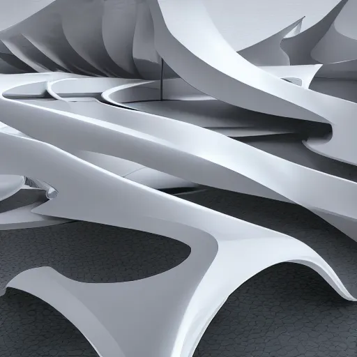 Prompt: a photograph of a futuristic architectural white shape, flowing surfaces : : architecture, product design, automotive design : : 3 d render, digital illustration, photorealism, raytracing, realistic lighting