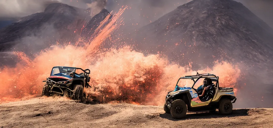 Prompt: action photography of a utv driving by an exploding volcano, 8 k photography, action sports, oasis in background,