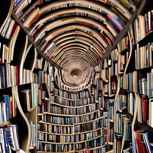 Prompt: Infinite tunnel made out of bookshelfs, photography, award winning, 8k
