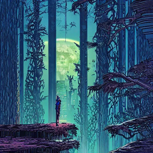 Image similar to Stunningly intricate illustration of single cyberpunk explorer overlooking lush forest, highly detailed, midnight, small glowing orbs by Moebius,