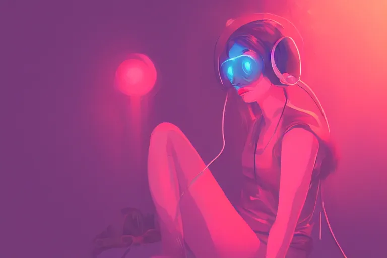 Image similar to a cute girl wearing headphones sitting on a cloud relaxing, misty, glows, digital painting, hazy, foggy, red lighting, ambient lighting, 8 k, neon, synthwave, cyberpunk,