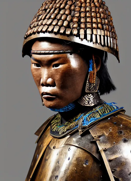 Image similar to tai warlord closeup portrait, historical ethnic group, traditional tai costume, bronze headset, leather armor, fantasy, intricate with dong son bronze artifacts