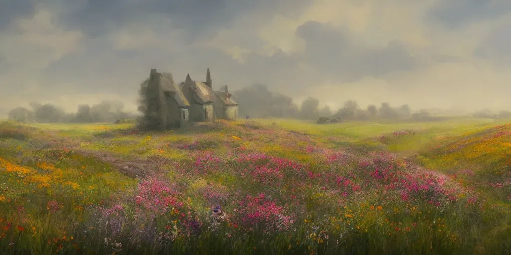 Image similar to a matte painting of a european prairie, cottages, foggy, patchy flowers, oil painting, pale colors, high detail, 8 k, wide angle, trending on artstation,