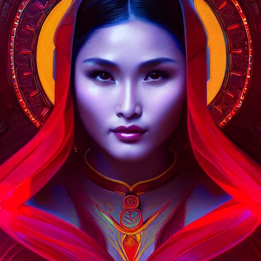 Prompt: heart evangelista as darna, volumetric lights, red and cyan theme, art nouveau botanicals, intricate, highly detailed, digital painting, artstation, concept art, smooth, sharp focus, cinematic, illustration, beautiful face, art by artgerm and greg rutkowski and alphonse mucha