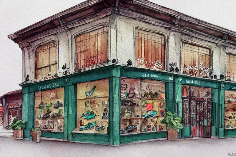 Image similar to watercolor artwork of sneaker store in russia : : green, art nouveau, trending on artstation